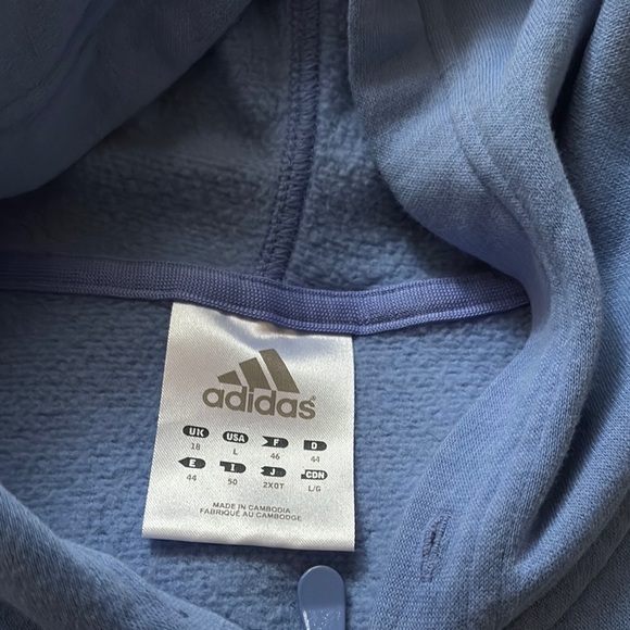Gently Loved Adidas Light Blue Hoodie with White Stripes **Missing Drawstring ** - Picture 10 of 10